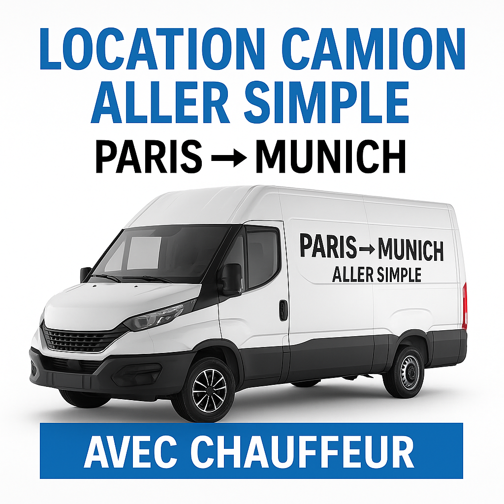 Camion blanc en location aller simple entre Paris et Munich avec hayon et chauffeur