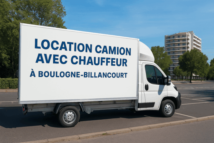 Location de camion avec chauffeur à Boulogne-Billancourt – 1Utilitaire.com Camion de déménagement avec chauffeur à Boulogne-Billancourt, stationné en zone résidentielle