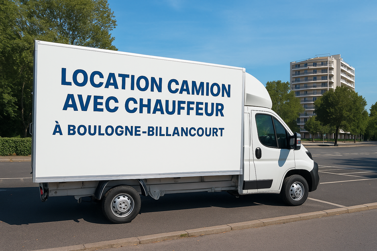 Location de camion avec chauffeur à Boulogne-Billancourt – 1Utilitaire.com Camion de déménagement avec chauffeur à Boulogne-Billancourt, stationné en zone résidentielle