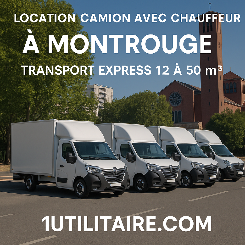 Quatre camions blancs de location stationnés, prêts pour une prestation au départ de Montrouge.