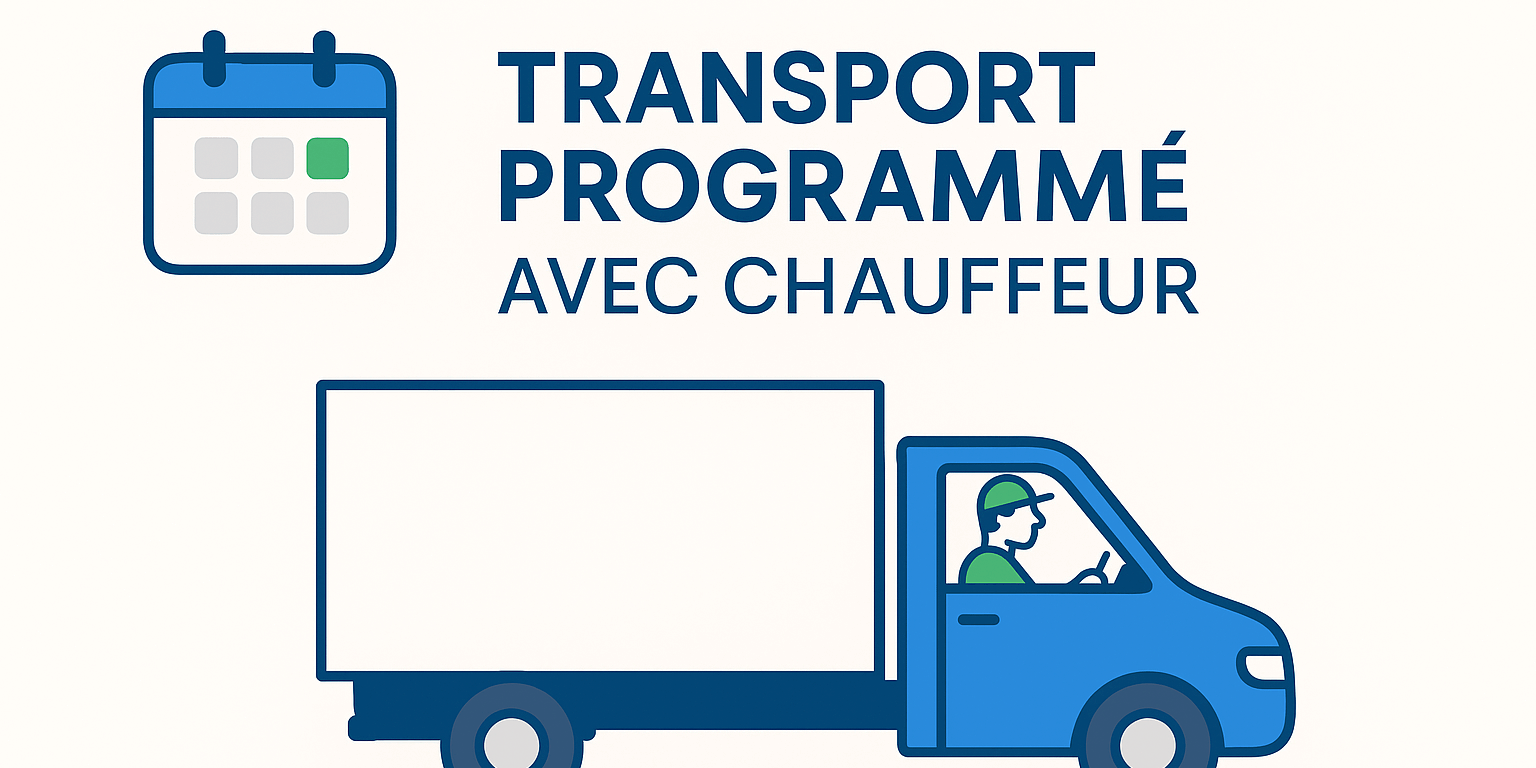 Visuel promotionnel – Transport programmé avec chauffeur Camion blanc illustré dans un visuel promotionnel pour un service de transport programmé en France et en Europe.