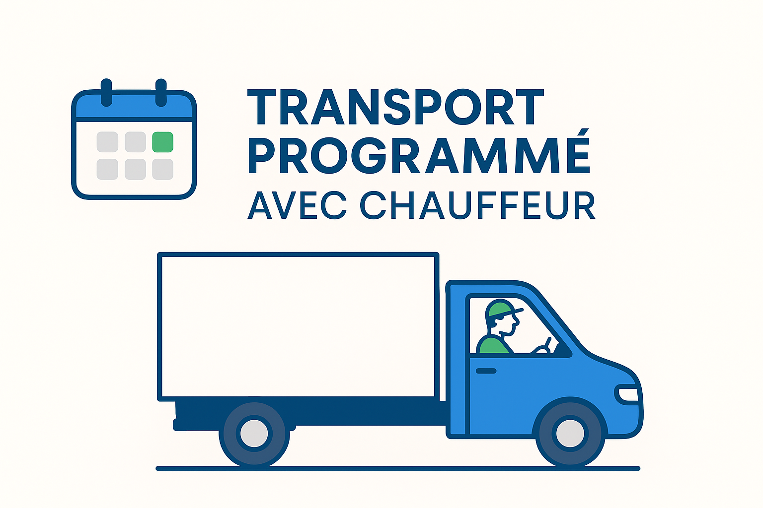 Camion blanc illustré dans un visuel promotionnel pour un service de transport programmé en France et en Europe.